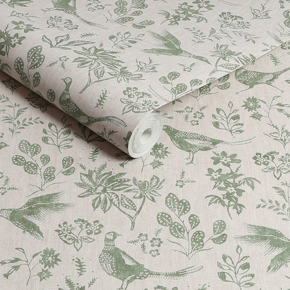 Joules Pheasant Print Linen/Green Wallpaper