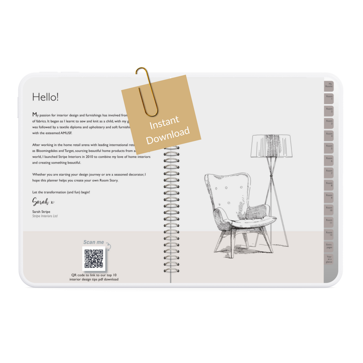 Room Story Digital Download Visual Spiral-bound notebook with interior design illustrations and text on a white background