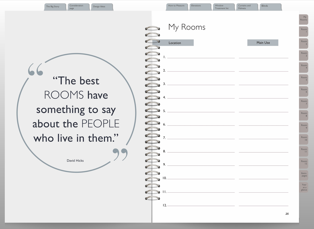 Room Story Digital Planner Inside View software interface with text and spiral binding