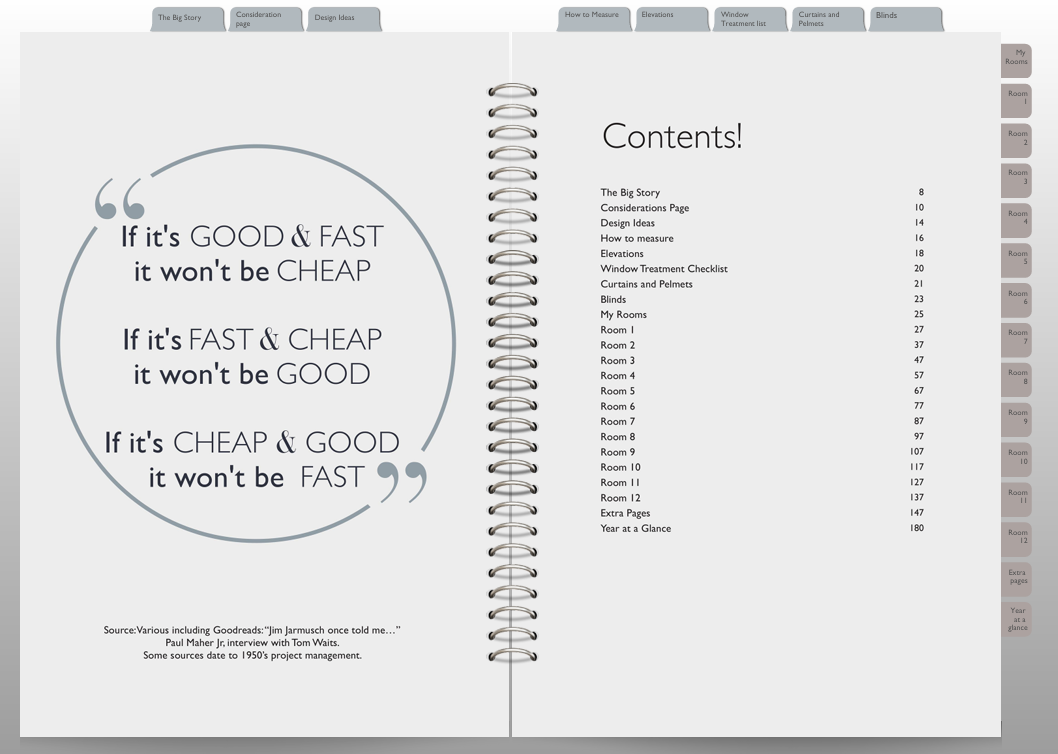 Room Story Digital Planner Table of contents page with a quote and chapter list on a white background